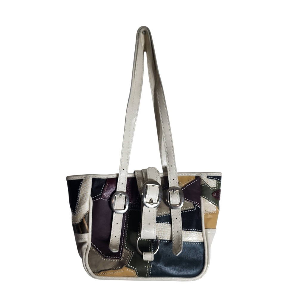 Handmade Leather Patchwork Tote Bag Multi Color Buckle Detail